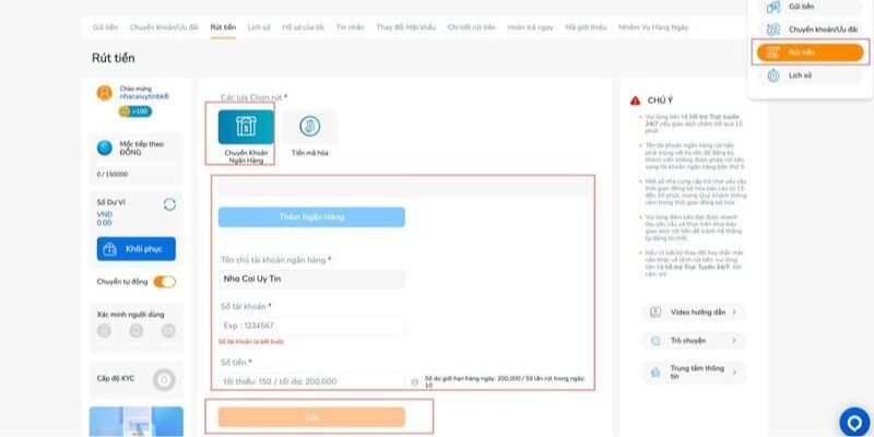 Điều cần chú ý khi rút tiền BK8
